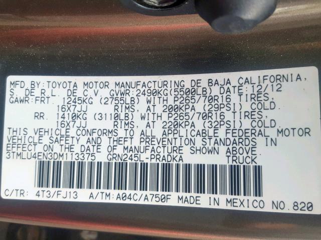 3TMLU4EN3DM113375 - 2013 TOYOTA TACOMA DOU BROWN photo 10