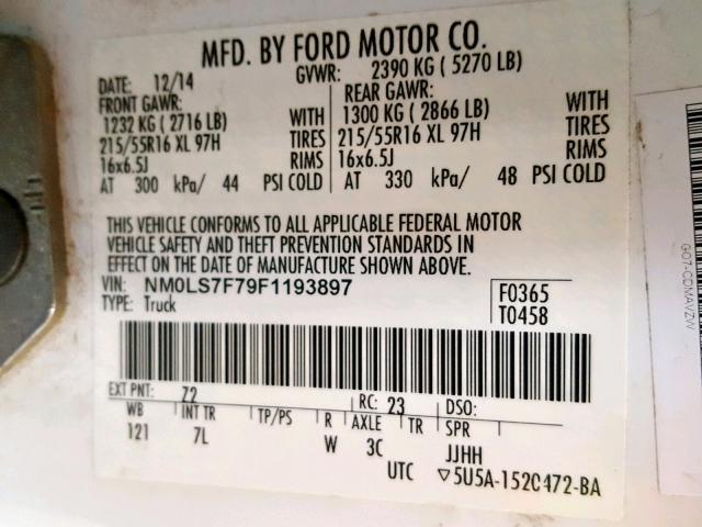 NM0LS7F79F1193897 - 2015 FORD TRANSIT CO WHITE photo 10