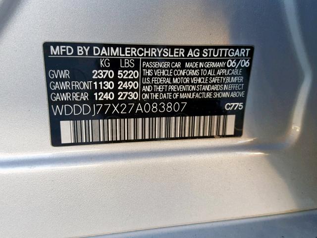 WDDDJ77X27A083807 - 2007 MERCEDES-BENZ CLS 63 AMG SILVER photo 10