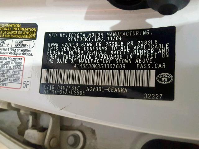 4T1BE30K85U007609 - 2005 TOYOTA CAMRY LE WHITE photo 10