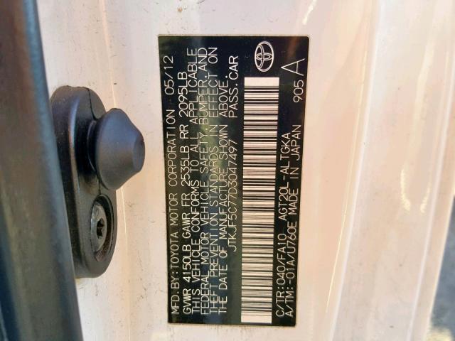 JTKJF5C77D3047497 - 2013 TOYOTA SCION TC WHITE photo 10