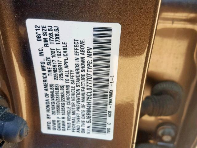 5J6RM4H75CL077707 - 2012 HONDA CR-V EXL GOLD photo 10