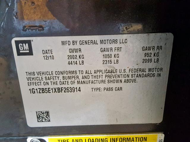1G1ZB5E1XBF263914 - 2011 CHEVROLET MALIBU LS GRAY photo 10