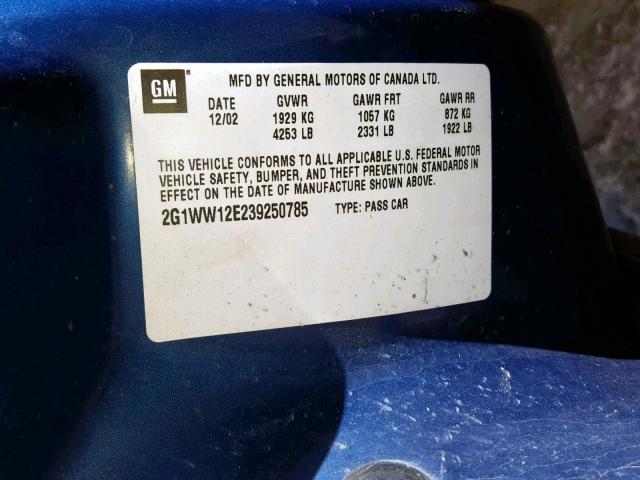 2G1WW12E239250785 - 2003 CHEVROLET MONTE CARL BLUE photo 10