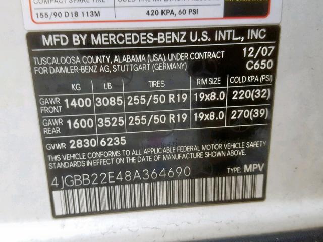 4JGBB22E48A364690 - 2008 MERCEDES-BENZ ML 320 CDI WHITE photo 10