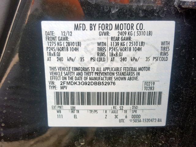 2FMDK3G92DBB52976 - 2013 FORD EDGE SE BLACK photo 10