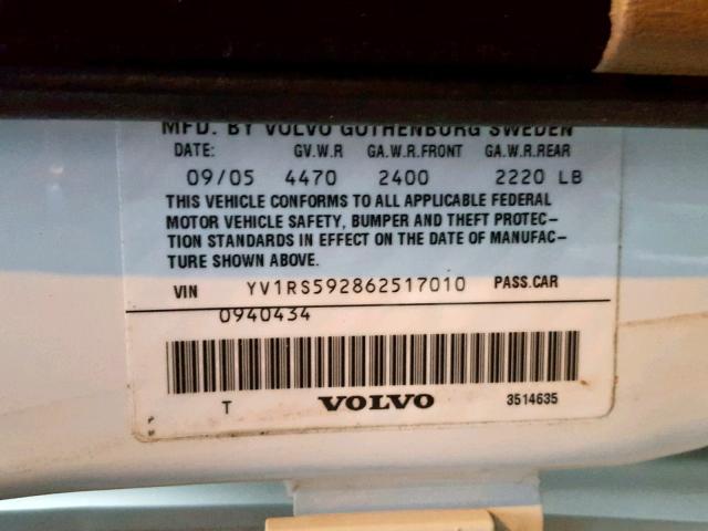 YV1RS592862517010 - 2006 VOLVO S60 2.5T WHITE photo 10