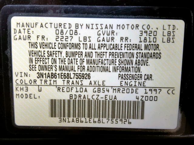 3N1AB61E68L755926 - 2008 NISSAN SENTRA 2.0 BLACK photo 10