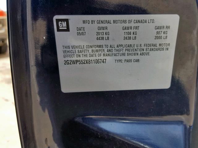 2G2WP552X81106747 - 2008 PONTIAC GRAND PRIX BLUE photo 10
