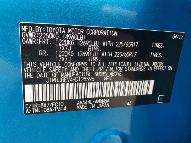 JTMRJREV4HD128596 - 2017 TOYOTA RAV4 HV LE BLUE photo 10