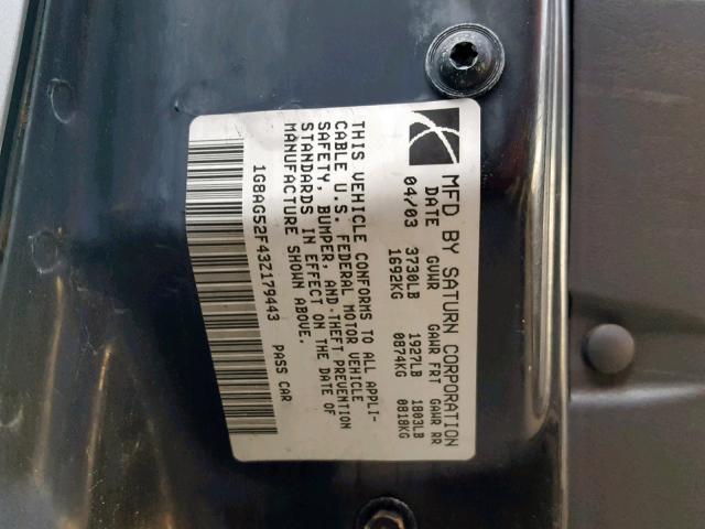 1G8AG52F43Z179443 - 2003 SATURN ION LEVEL SILVER photo 10
