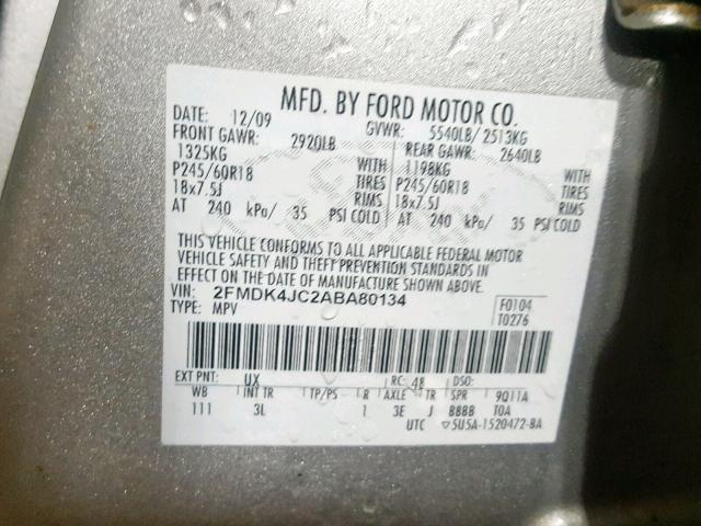 2FMDK4JC2ABA80134 - 2010 FORD EDGE SEL SILVER photo 10