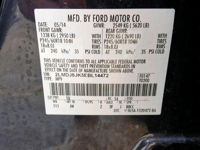 2LMDJ8JK5EBL14472 - 2014 LINCOLN MKX CHARCOAL photo 10