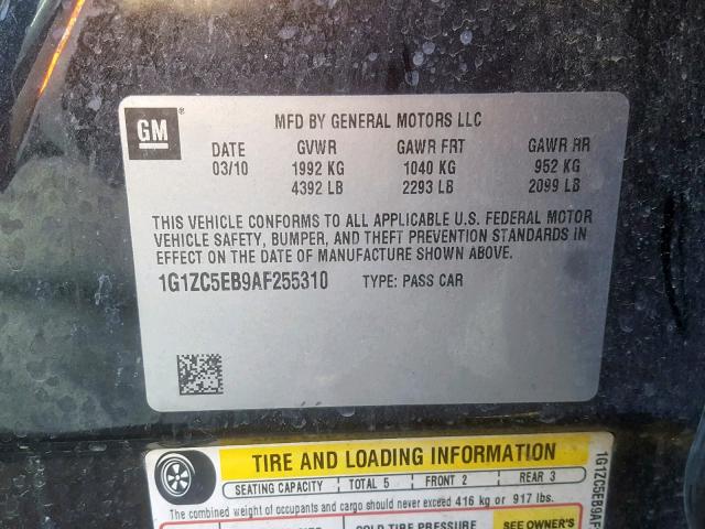 1G1ZC5EB9AF255310 - 2010 CHEVROLET MALIBU 1LT შავი ფოტო 10