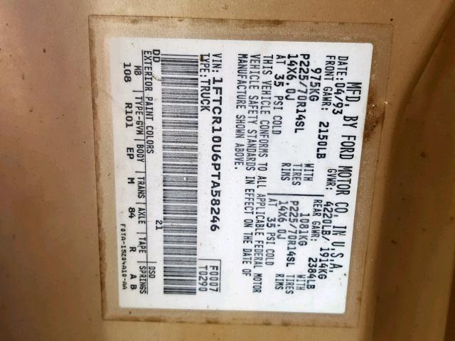 1FTCR10U6PTA58246 - 1993 FORD RANGER GOLD photo 10