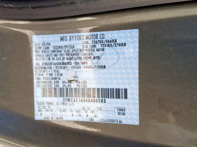 2FMZA516X4BA86583 - 2004 FORD FREESTAR S GREEN photo 10