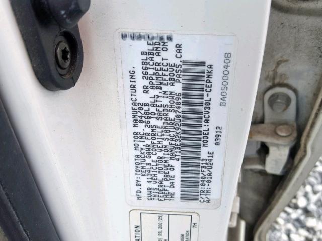 4T1BE32K92U074096 - 2002 TOYOTA CAMRY LE WHITE photo 10