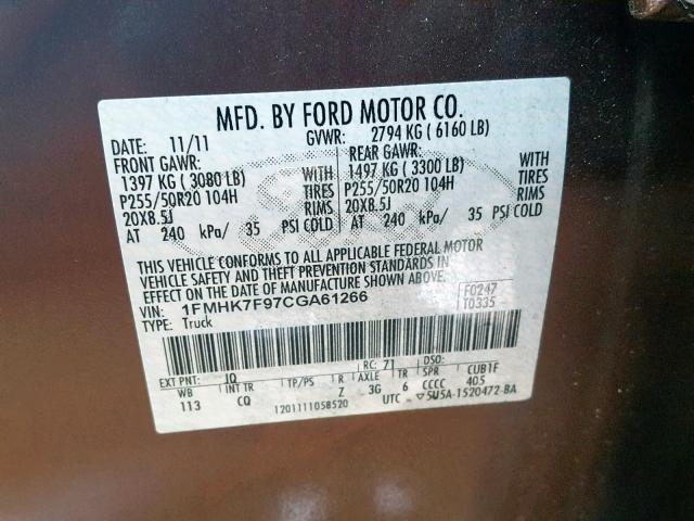 1FMHK7F97CGA61266 - 2012 FORD EXPLORER L ORANGE photo 10