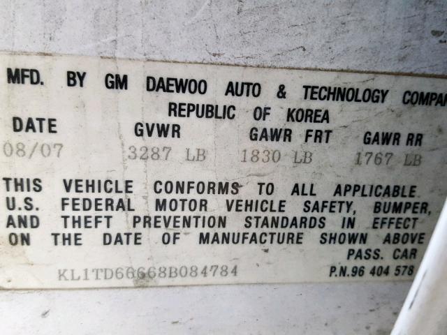 KL1TD66668B084784 - 2008 CHEVROLET AVEO BASE Ақ фото 10