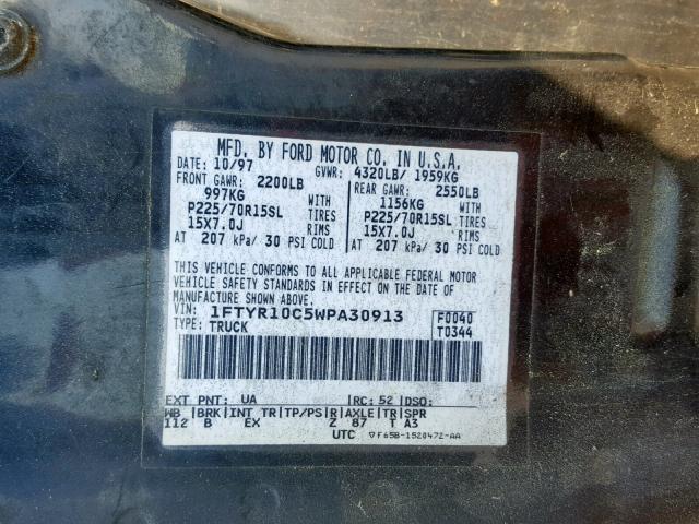 1FTYR10C5WPA30913 - 1998 FORD RANGER BLACK photo 10