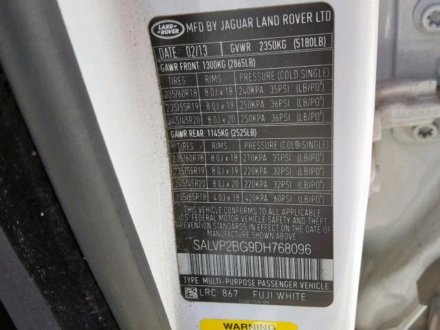 SALVP2BG9DH768096 - 2013 LAND ROVER RANGE ROVE WHITE photo 10