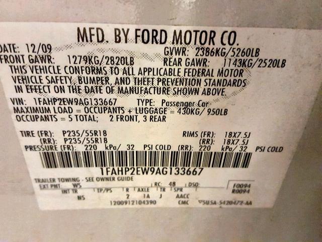 1FAHP2EW9AG133667 - 2010 FORD TAURUS SEL WHITE photo 10