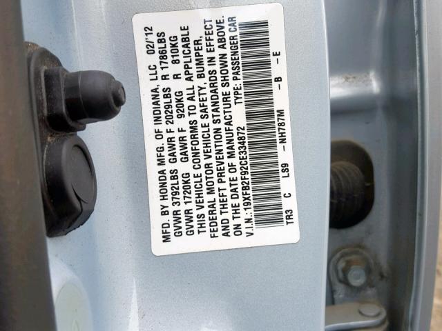 19XFB2F92CE334872 - 2012 HONDA CIVIC EXL BLUE photo 10