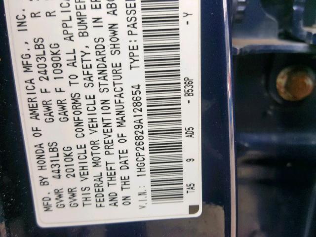 1HGCP26829A128654 - 2009 HONDA ACCORD EXL BLUE photo 10