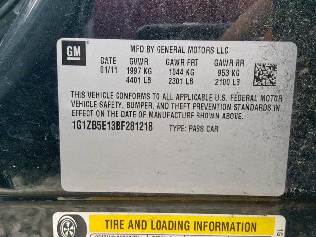 1G1ZB5E13BF281218 - 2011 CHEVROLET MALIBU LS შავი ფოტო 10