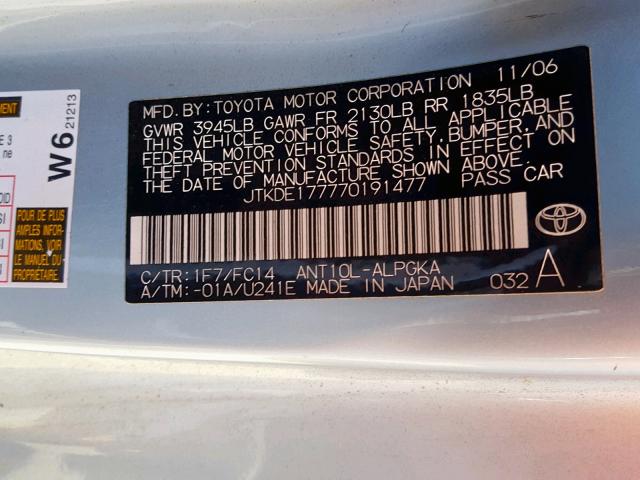 JTKDE177770191477 - 2007 TOYOTA SCION TC ვერცხლისფერი ფოტო 10