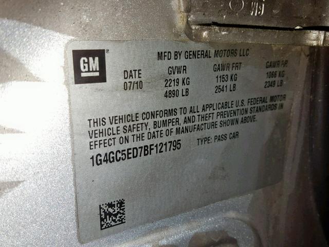 1G4GC5ED7BF121795 - 2011 BUICK LACROSSE C SILVER photo 10