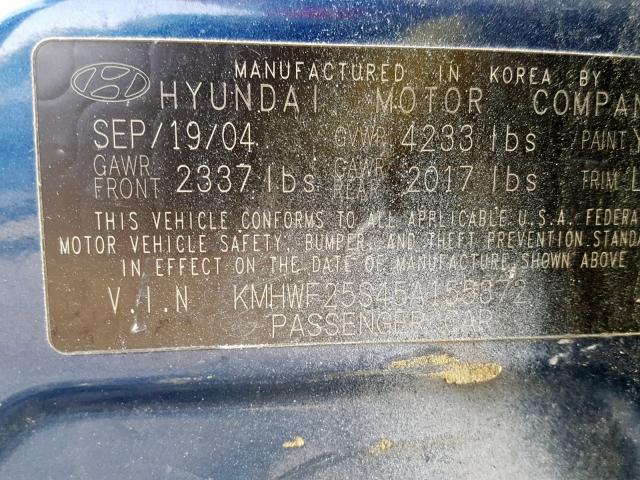 KMHWF25S45A155372 - 2005 HYUNDAI SONATA GL BLUE photo 10