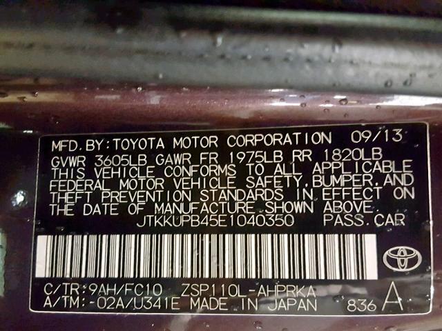 JTKKUPB45E1040350 - 2014 TOYOTA SCION XD PURPLE photo 10