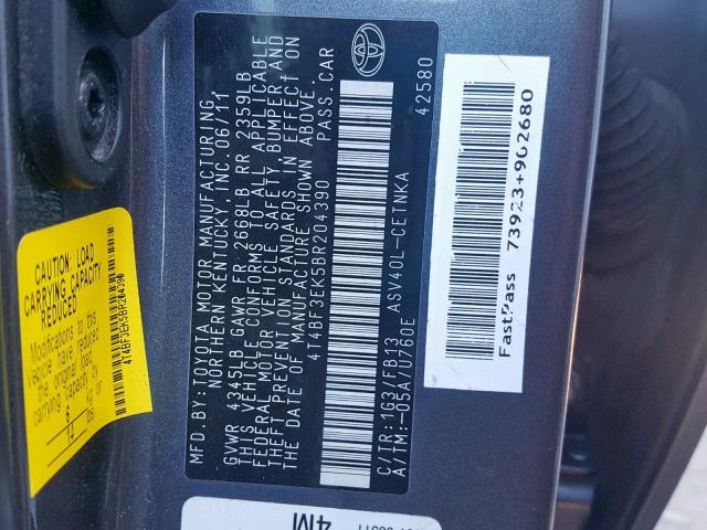 4T4BF3EK5BR204390 - 2011 TOYOTA CAMRY BASE GRAY photo 10