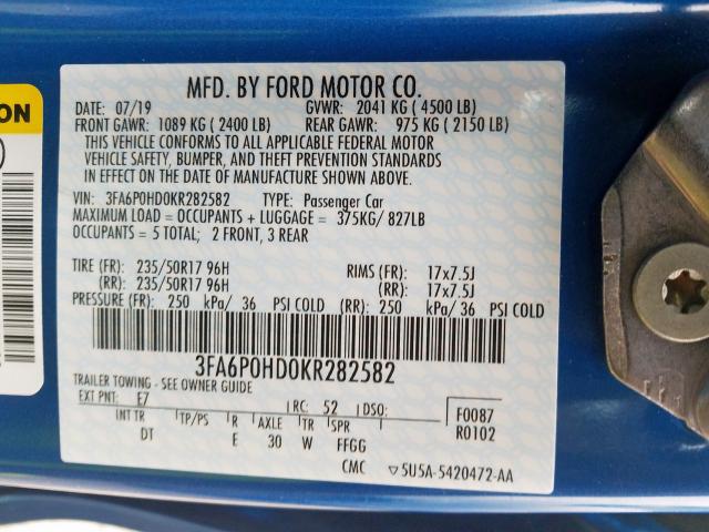 3FA6P0HD0KR282582 - 2019 FORD FUSION SE  photo 10