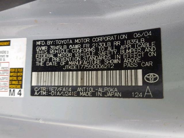 JTKDE177550006212 - 2005 TOYOTA SCION TC SILVER photo 10