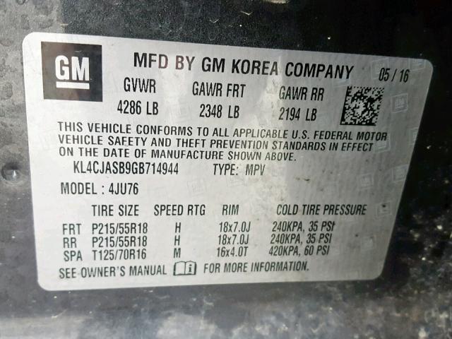 KL4CJASB9GB714944 - 2016 BUICK ENCORE GRAY photo 10