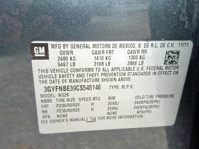 3GYFNBE39CS545146 - 2012 CADILLAC SRX PERFOR ნაცრისფერი ფოტო 10