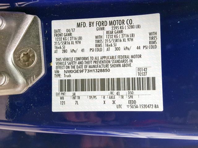 NM0GE9F73H1328850 - 2017 FORD TRANSIT CO BLUE photo 10