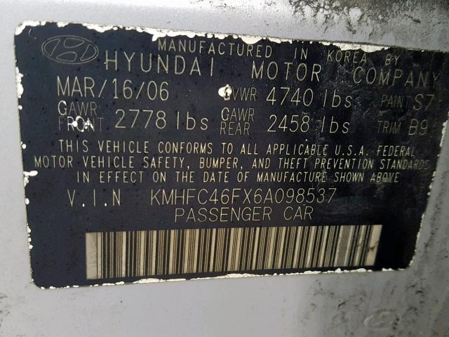 KMHFC46FX6A098537 - 2006 HYUNDAI AZERA SE SILVER photo 10