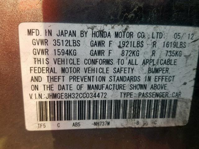 JHMGE8H32CC034472 - 2012 HONDA FIT CHARCOAL photo 10