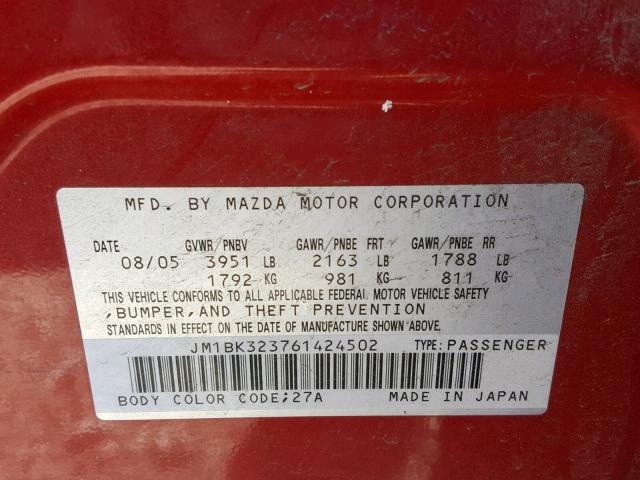 JM1BK323761424502 - 2006 MAZDA 3 S RED photo 10