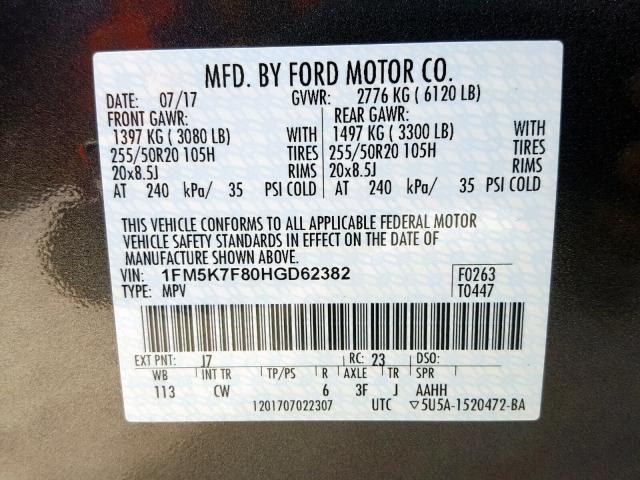 1FM5K7F80HGD62382 - 2017 FORD EXPLORER L GRAY photo 10