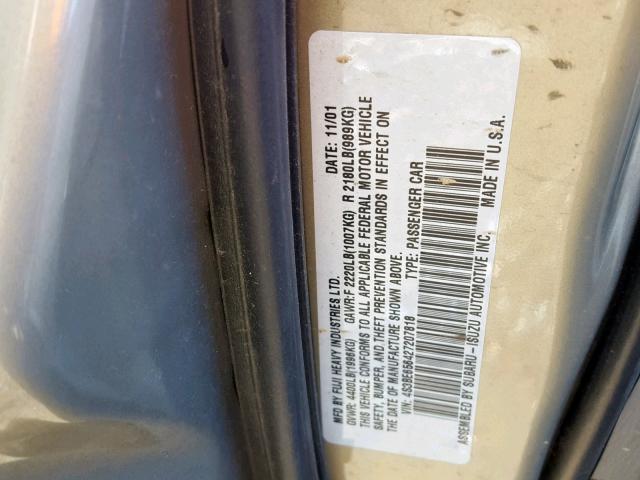 4S3BE656427207818 - 2002 SUBARU LEGACY GT GOLD photo 10