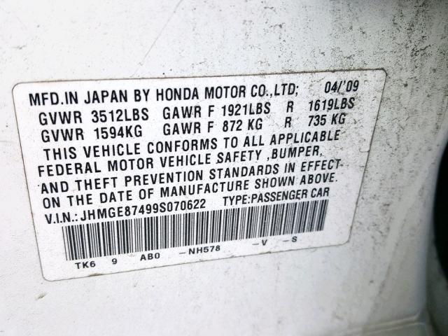 JHMGE87499S070622 - 2009 HONDA FIT SPORT WHITE photo 10