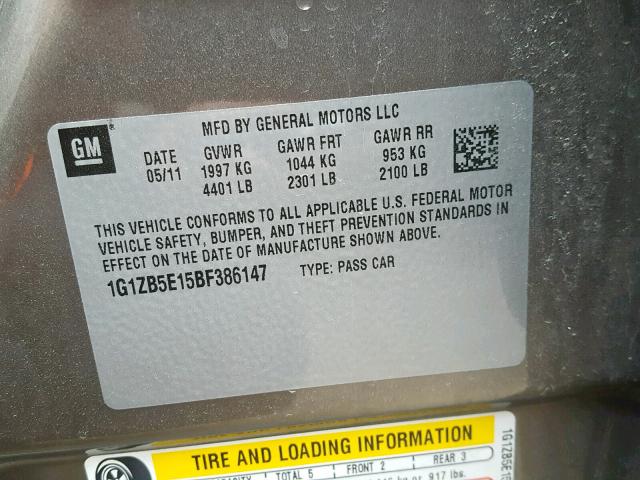 1G1ZB5E15BF386147 - 2011 CHEVROLET MALIBU LS GRAY photo 10