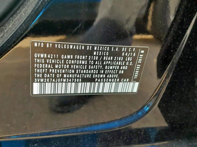 3VW2K7AJ0FM347365 - 2015 VOLKSWAGEN JETTA BASE BLACK photo 10