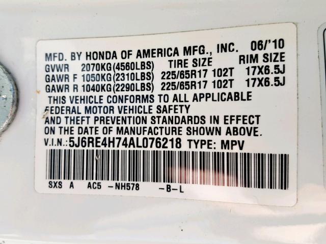 5J6RE4H74AL076218 - 2010 HONDA CR-V EXL WHITE photo 10