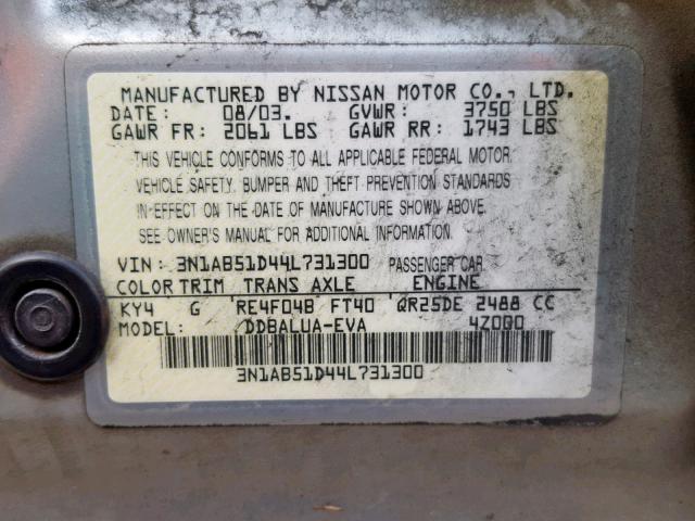 3N1AB51D44L731300 - 2004 NISSAN SENTRA SE- SILVER photo 10