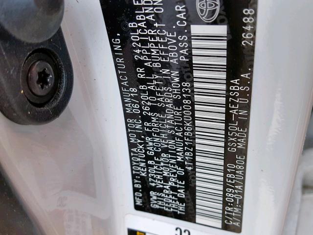 4T1BZ1FB6KU008138 - 2019 TOYOTA AVALON XLE WHITE photo 10